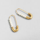 Woman Gold Plated Stainless Steel Paper Clip Simulated Pearl Earring Stud