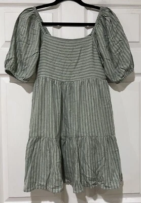 Mini Vestido American Eagle Talla Pequeña Manga Abullonada Forrado Calado Mezcla de Lino Foto 1 de 4