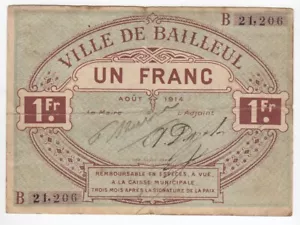 France, Un Franc, 1 Fr, Ville De Bailleul, 1914, - Picture 1 of 2
