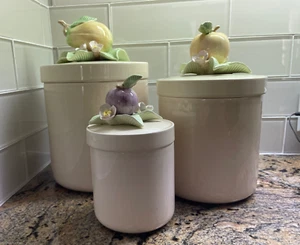 Vintage Fitz & Floyd Orchard Set of 3 Canisters Hand Painted Ceramic Canisters - Picture 1 of 3