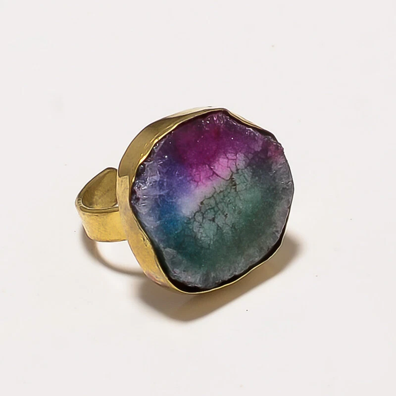 ANILLO AJUSTABLE CHAPADO EN ORO TIBITANO PIEDRA PRECIOSA DRUZY RODAJA DE ÁGATA AZUL Foto 1 de 1