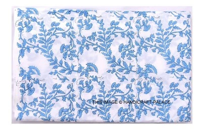 Hand Block Cotton Indian White Blue Floral Sanganeri Print Fabric By 3 yard - Image 1 of 3