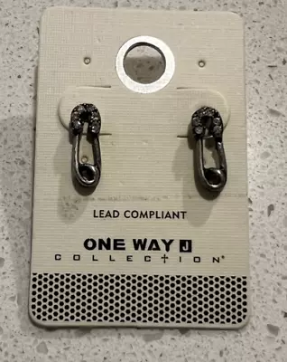 Earrings One Way Collection Pierced Safety Pin Shaped Silver Tone Rhinestones - Image 1 of 3