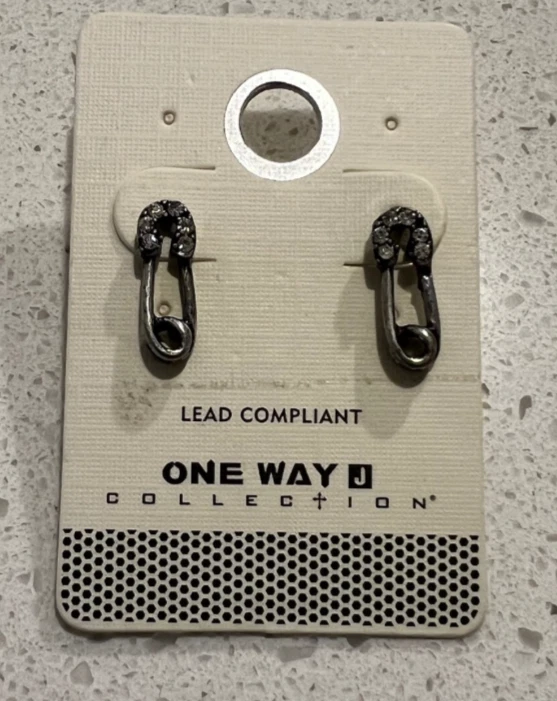 Earrings One Way Collection Pierced Safety Pin Shaped Silver Tone Rhinestones - Image 1 of 3