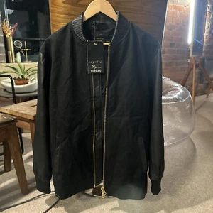 Topman x Nick Grimshaw Black Premium Leather Sleeved Bomber Jacket RRP £150 S - Picture 1 of 5