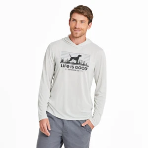 Men's Life is Good Outdoor Co. Dog Scene Long Sleeve Sun Crusher Hoodie Fog Gray - Picture 1 of 4