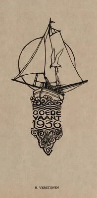 H. VERSTIJNEN (*1882), Goede VAART. Segelschiff,  1936, Holzstich Art Deco - Bild 1 von 4