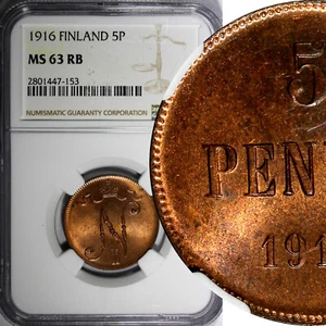 Finland Russian Tsar Nicolas II (1895-1917) 1916 5 Pennia NGC MS63 RB KM# 15 (3) - Picture 1 of 4
