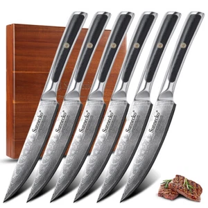 Sunnecko 6PCS Steak Knife Set Damascus Steel Kitchen Table Dinner Meat Knife - Picture 1 of 9