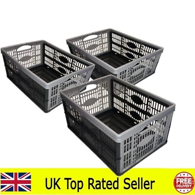 PACK OF 3 - PLASTIC FOLD FLAT STACKABLE STORAGE FOLDING CRATES BOXES 32 LITRE - Image 1 of 4