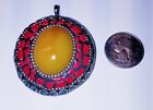 Vtg Handmade Large Turquoise Coral & Amber Cameo Pendant  Wear Or Craft