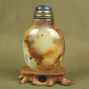 Lapis Lazuli Top Lid Chinese Brown Spots Shadow Old Carved Agate Snuff Bottle - Picture 1 of 7