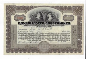 NEVADA 1919 Consolidated Coppermines Company Stock Certificate ELY ABN - Picture 1 of 2