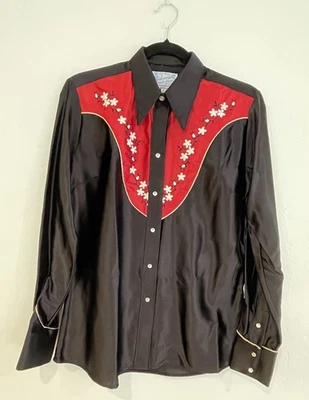 Vintage Rockmount Ranch Wear Black / RedSatin Shirt Unisex Western Pearl Snap 36 - Image 1 of 4