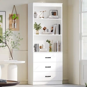 70" H 6-Tier Bookshelf with 3 Drawers, White Bookcase with 3-Tier Open Shelve... - Picture 1 of 6