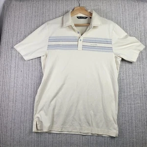 Travis Mathew Polo Shirt Mens Medium Cream Blue Stripe Golf Casual Made Peru - Picture 1 of 8