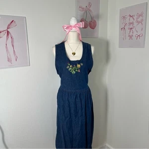 Vintage 90s Cottage Denim Midi Dress Floral Embroidered Womens Size Medium - Picture 1 of 6