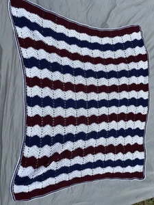 Vintage Hand-Knit Red, White, and Blue Chevron Afghan Blanket | Grannycore Style - Picture 1 of 6