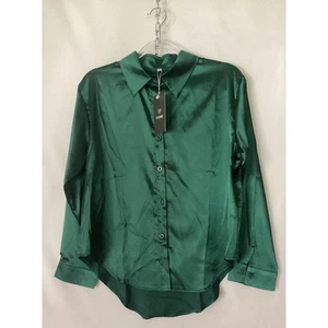 C.CLINE WHITE SATIN V-NECK BUTTON-UP BLOUSE SIZE MED NWT GREEN - Picture 1 of 7
