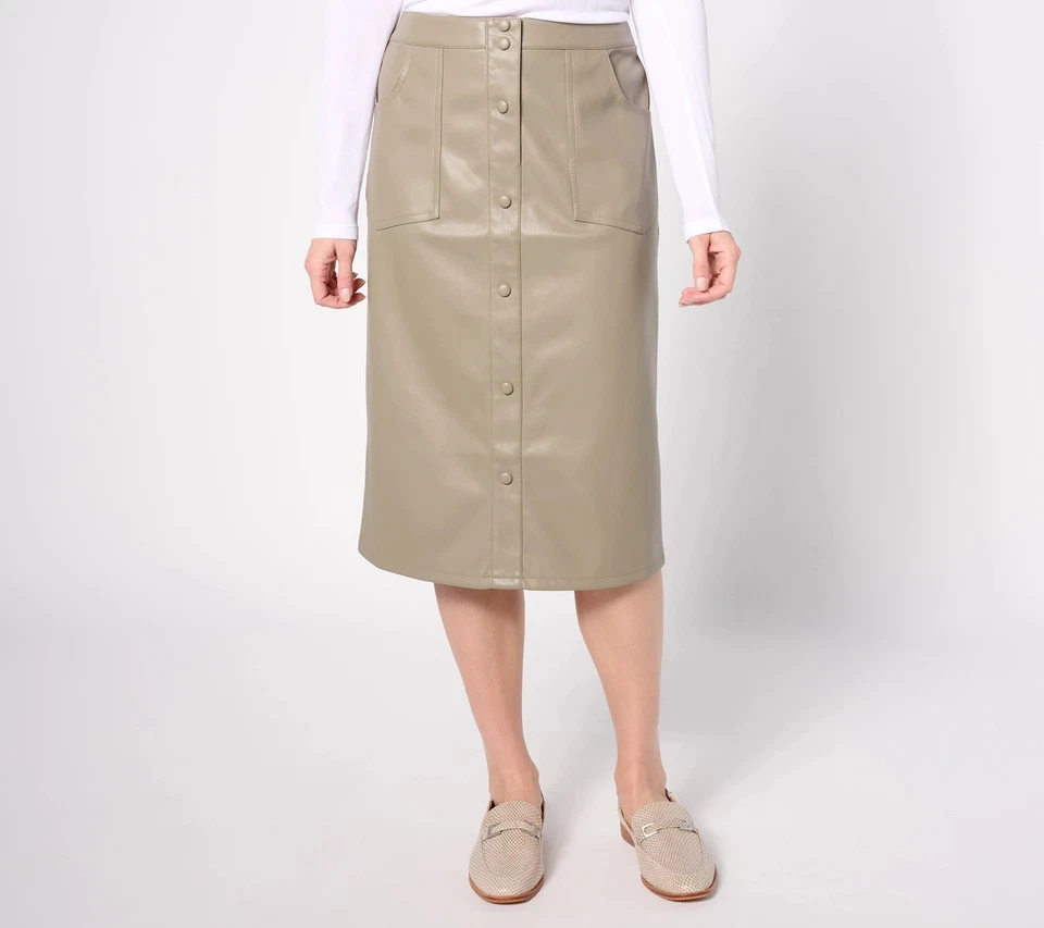 Denim & Co. Canyon Retreat Snap Front Faux Leather Skirt Taupe 12 New - Image 1 of 1