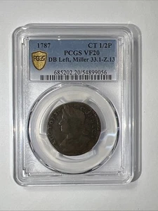 1787 Connecticut Copper 1/2 P PCGS VF20 Error DB LEFT MILLER 33.1-x.13 Colonial - Picture 1 of 15