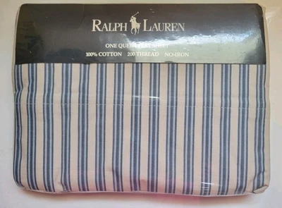 Vtg Ralph Lauren Claudine Blue Striped Queen Flat Sheet USA 100% Cotton New - Image 1 of 4