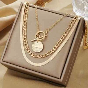 18K Gold Plated 3 Piece Layered Simple Statement Necklace Set Snake Chain/Coin - Picture 1 of 8