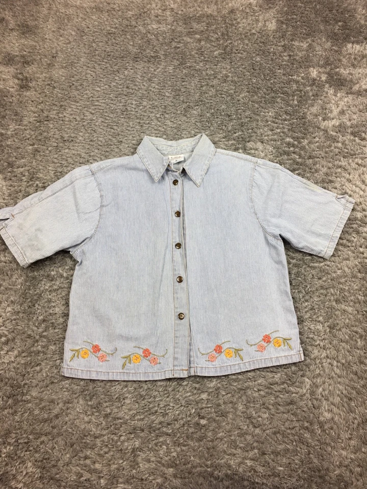 Camisa con botones Color Me algodón CMC para mujer talla mediana corta azul a rayas EE. UU. Foto 1 de 4