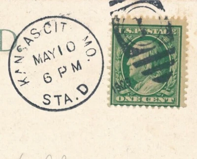 KANSAS CITY, MO. STA. D OVATE BARREL #1 DUPLEX CANCEL. 1909. AGNES AVE BRIDGE. - Image 1 of 3