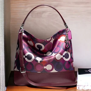 New Coach Bordeaux Sateen PARK OP ART SCARF PRINT Hobo Tote Bag F26841 HTF Rare - Picture 1 of 4