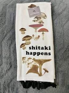 Shitake Happens Mushroom Dish Tea Kitchen Towel Black White Fringe Tassels NEW - Picture 1 of 4
