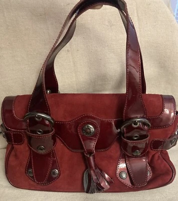 Stuart Weitzman Red Burgundy Neoprene Patent Small Satchel Tassel Spain Handbag - Image 1 of 4