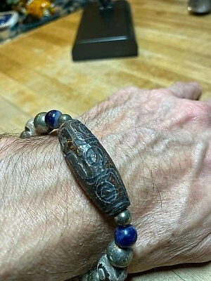Tibetan Nine Eye DZI Bead W Sodalite Bronzite & Pyrite Mala Style Bracelet - Image 1 of 4