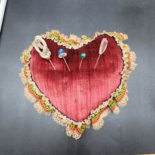 Antique Victorian Heart Sewing Hat Pin Cushion with 4 pins 10" x 8.5"