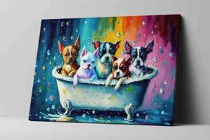 Cute Puppies in Tub Dog Pet Dog Colorful Canvas Wall Pop Art Decor Framed Print - Picture 1 of 8