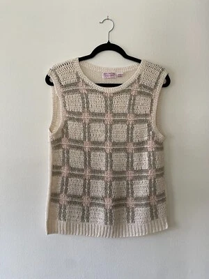 Colete suéter vintage anos 1980 artesanato country mistura de seda creme e rosa Cottagecore M - Imagem 1 de 4