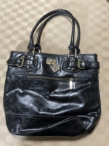 Anne Klein AK Zip Closure Tote/Purse/Bag Black Faux Reptile Gold EUC 14” X 12” - Picture 1 of 8