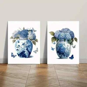 2pcs Blue Hydrangea Flowers and Navy Ginger Jar Blue Canvas Unframed - Picture 1 of 6