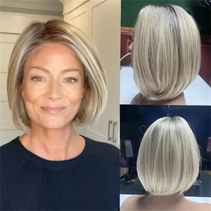 Peluca bob recta corta rubia ceniza frontal encaje cabello humano 100 % con raíz marrón oscuro - Imagen 1 de 6