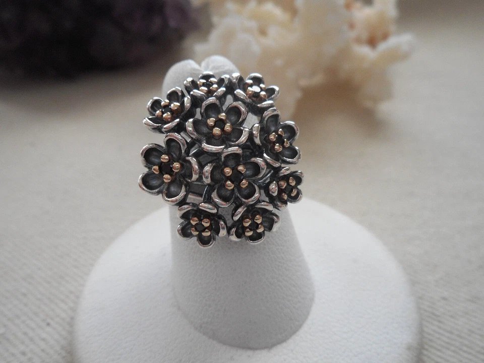 Pandora ALE Sterling Silver Black Spinel Flower Ring W/ Box size 6   901K - Image 1 of 4