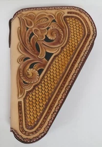 HAND CRAFTED TOOLED LEATHER MEDIUM GUN RUG CASE WESTERN FLORAL & TRI-WEAVE BROWN - Picture 1 of 9