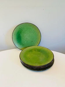 Vintage Etienne Noel Salad Plates, set of 5, Made in France Green with Brown Rim - Picture 1 of 10