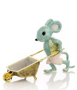 KEREN KOPAL Mouse with Wheelbarrow Hinged Trinket Box Enamel & Austrian Crystals - Picture 1 of 4