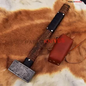 Raro Hecho a Mano Vikingo Battle Hammer con Mango Tallado, Martillo de Guerra Medieval - Imagen 1 de 5
