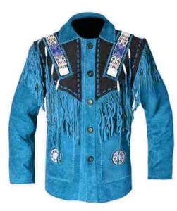 Herren Indianer Western Cowboy Lederjacke Wildleder Mantel Fransen Perlen - Bild 1 von 4