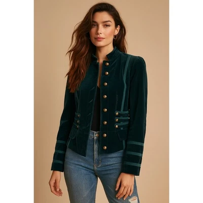 Chaqueta estilo militar de terciopelo verde azulado Together talla 10 botones de bronce con cordones en la espalda Foto 1 de 4