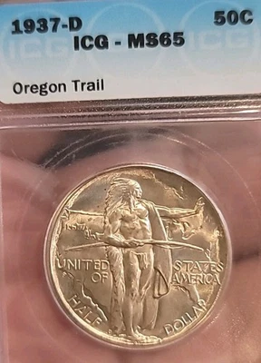 1937 D 50 Cents Oregon Trail Rare Gem Full Luster/Strike ICG 66 PQ Beauty LV - Image 1 of 4