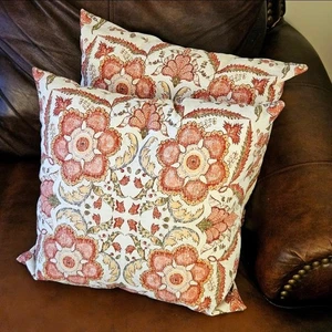 SET OF 2 Pottery Barn 18" Pillows Rustic Floral Cream Green Orange Rust Red 2012 - Picture 1 of 7