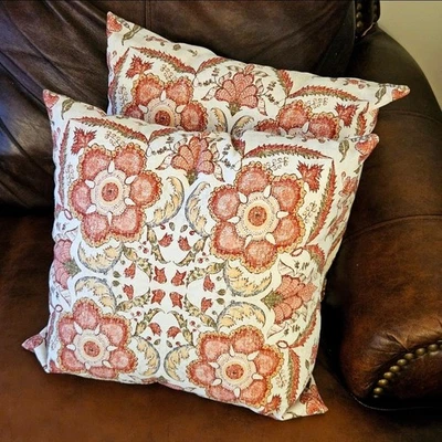 SET OF 2 Pottery Barn 18" Pillows Rustic Floral Cream Green Orange Rust Red 2012 - Image 1 of 4