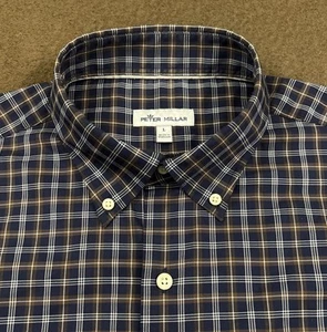 PETER MILLAR Mens Navy Blue Plaid Crown Lite Parksville Performance Shirt Large - Picture 1 of 6